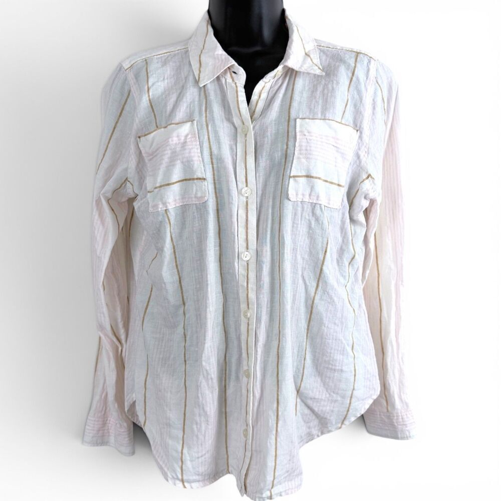 spartina 449 linen striped pocket coastal quiet luxury cream, pink women's top m - Picture 2 of 9
